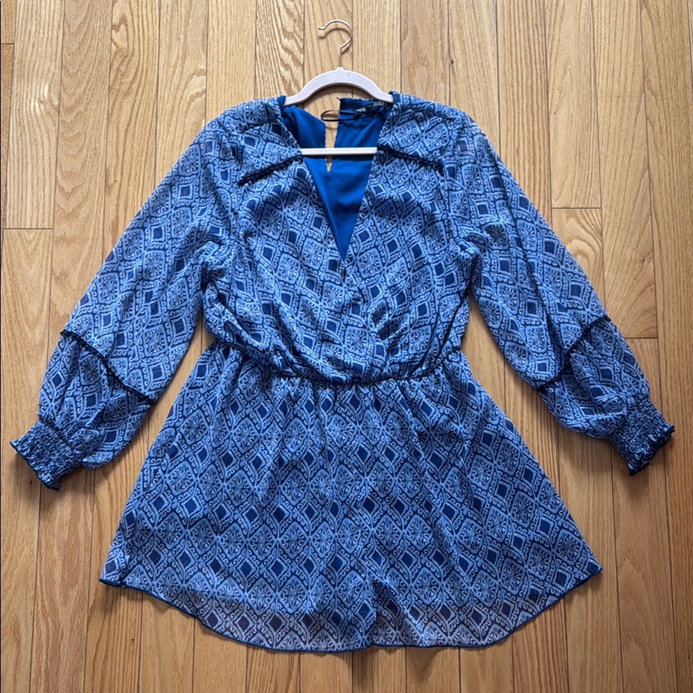 Zara Blue Long Sleeve Plunge Neck Sundress